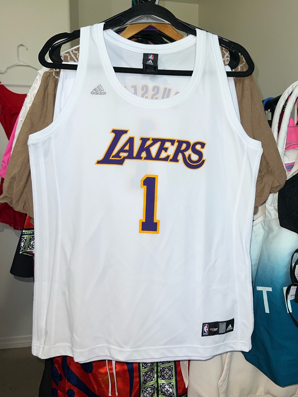 adidas White Los Angeles Lakers #1 Basketball Jersey with Purple and Gold Trim